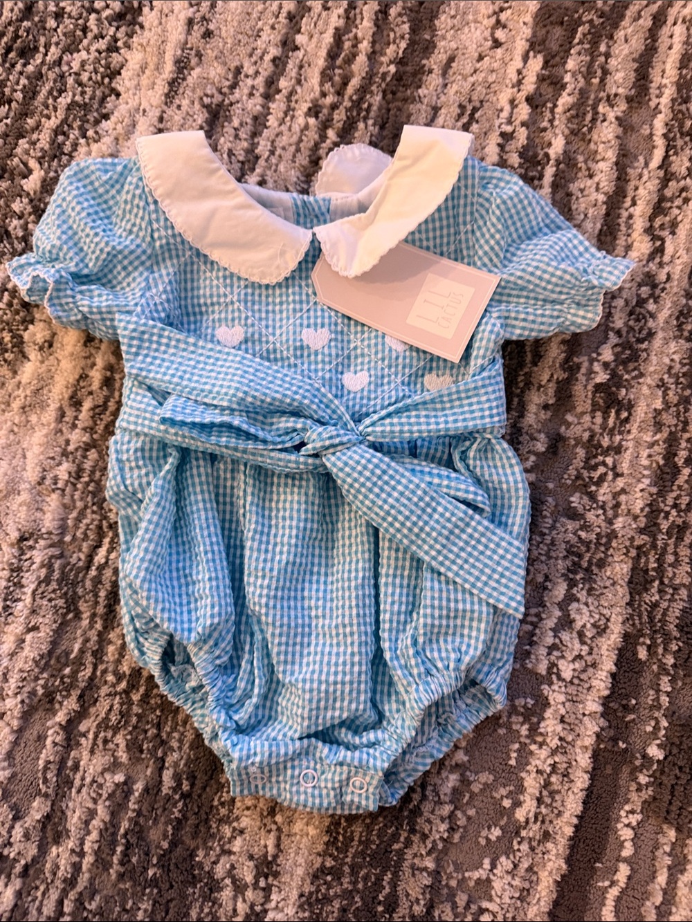 Blue Gingham Tie-Front Baby Romper with White Peter Pan Collar